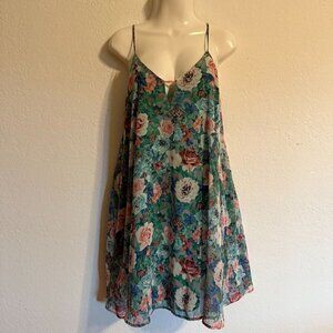 Floral Green A-Line Spaghetti‎ Strap Chiffon Dress With V-Neckline Beach